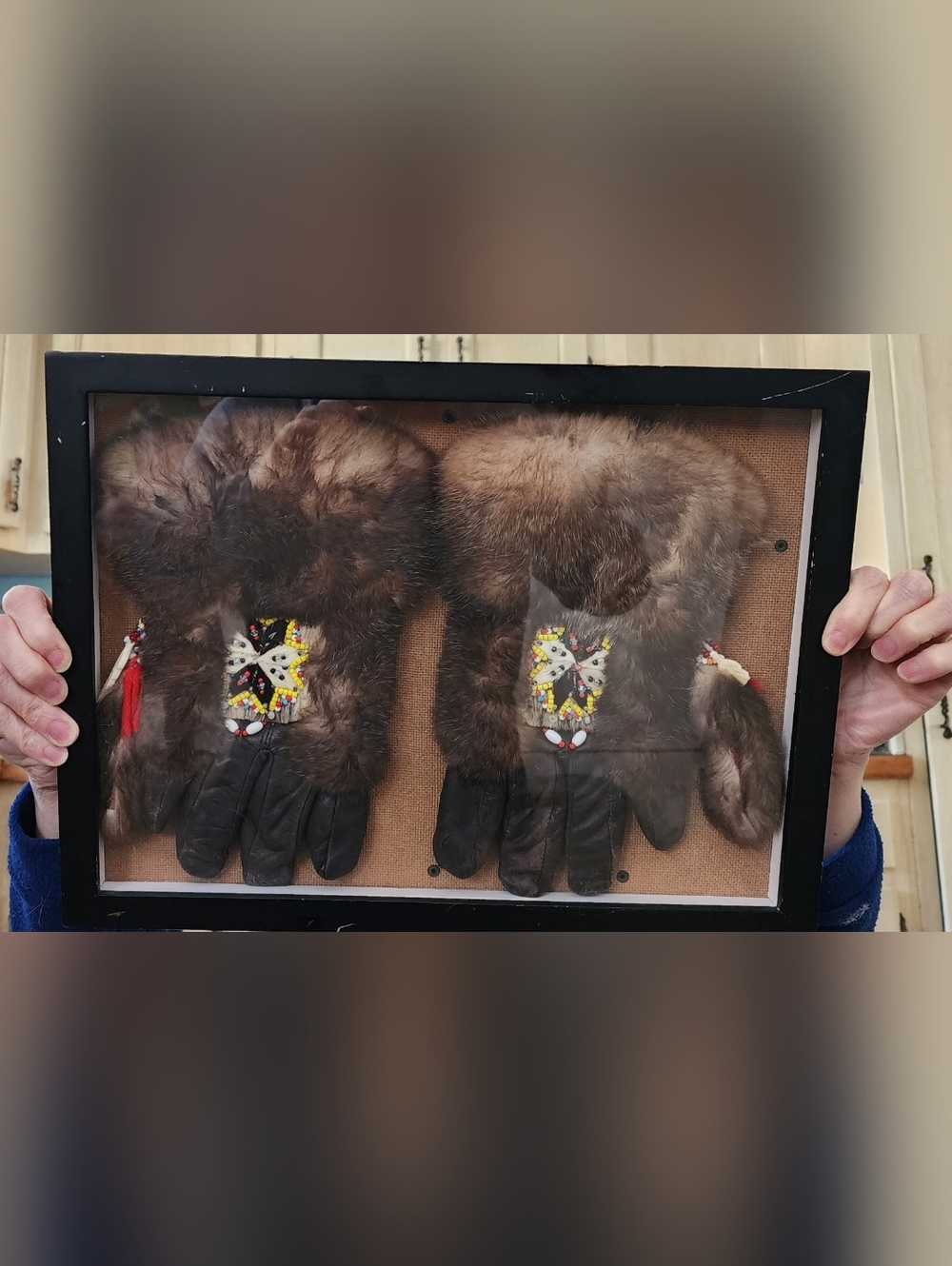 Vintage Alaska Native Framed Shadowbox Fur Beaded Traditional  Gloves Art